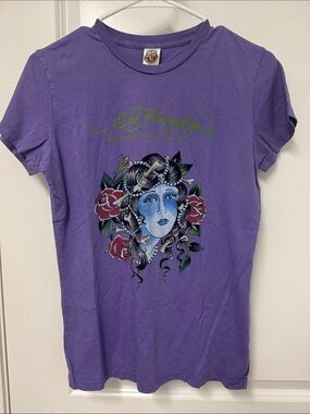 Ed Hardy Lavender Graphic Tee with Medusa Illustration
